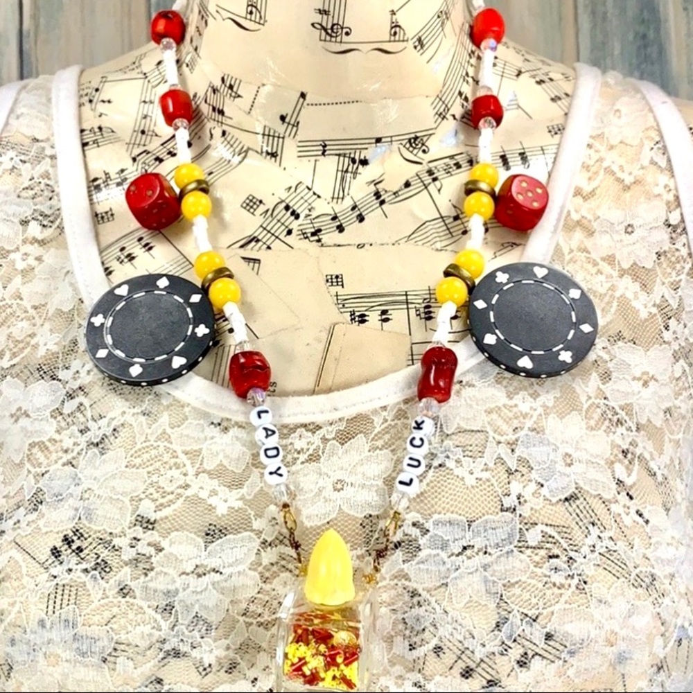 🌟Adorned Crown artisan assemblage Lady Luck vintage game pieces necklace